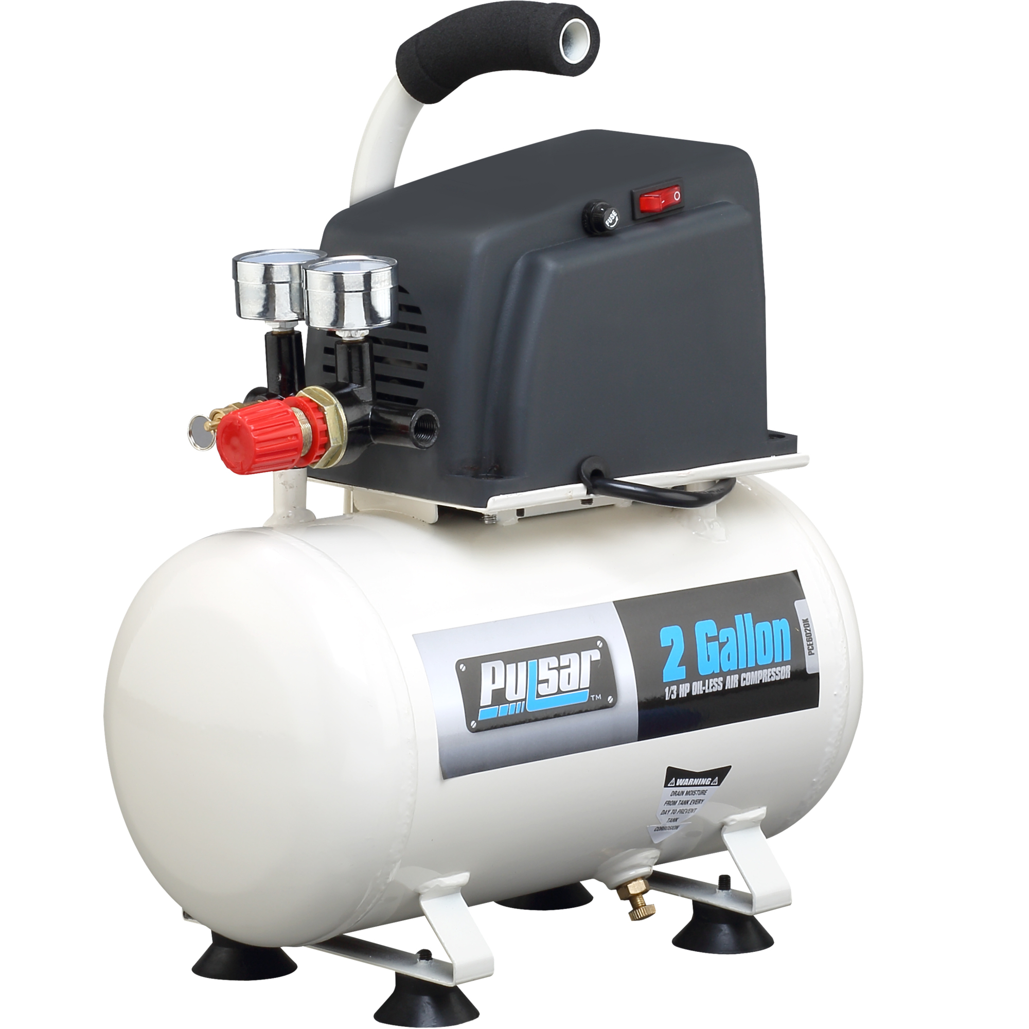 Pulsar Portable Air Compressor — 2 Gallon Horizontal Tank, 100 PSI, 1/3 HP, Includes Hose and 6 Accessories, Model# PCE6021K